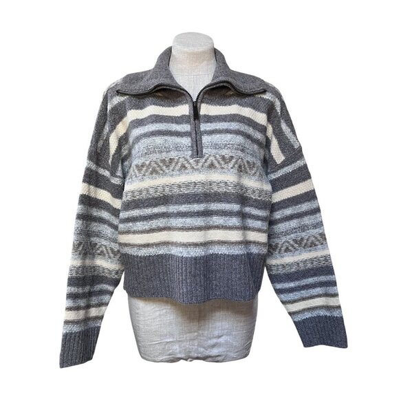 Frye NWT Ultra-Soft Striped Half-Zip Sweater XL Gray Beige Blend Womens Knitwear - Picture 2 of 10